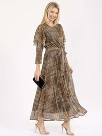 WOMEN'S 3/4 RUFFLE SLEEVE SELF TIE SEQUINS PRINT MAXI DRESS