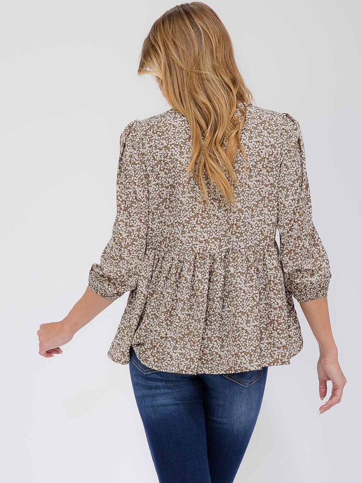 WOMEN'S 3/4 SLEEVE FLOWER PEPLUM BLOUSE