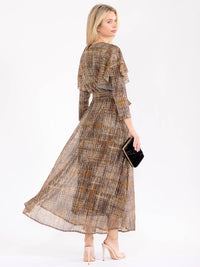 WOMEN'S 3/4 RUFFLE SLEEVE SELF TIE SEQUINS PRINT MAXI DRESS