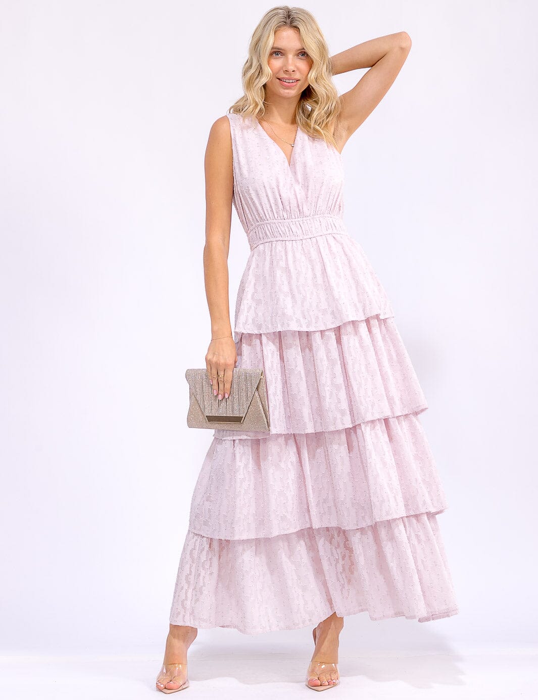 WOMEN'S SLEEVELESS SURPLICE ELASTIC WAIST RUFFLE TIERED MAXI DRESS