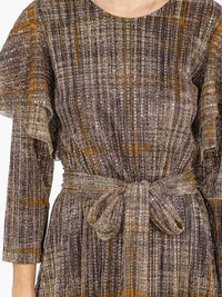 WOMEN'S 3/4 RUFFLE SLEEVE SELF TIE SEQUINS PRINT MAXI DRESS