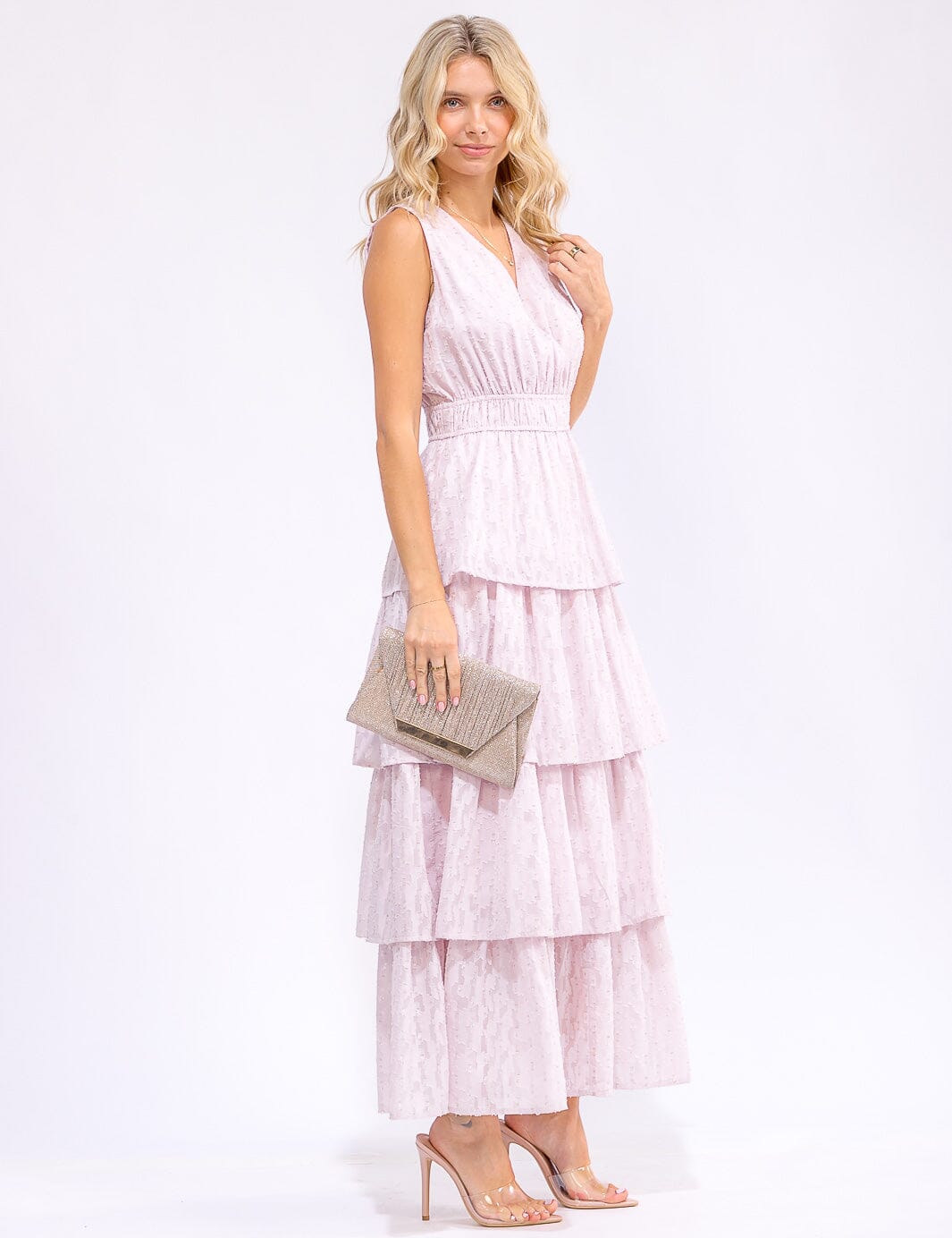WOMEN'S SLEEVELESS SURPLICE ELASTIC WAIST RUFFLE TIERED MAXI DRESS