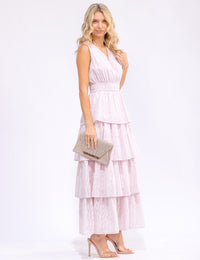 WOMEN'S SLEEVELESS SURPLICE ELASTIC WAIST RUFFLE TIERED MAXI DRESS