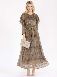 WOMEN'S 3/4 RUFFLE SLEEVE SELF TIE SEQUINS ANIMAL PRINT MAXI DRESS