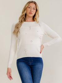 WOMEN'S LONG SLEEVE RHINESTONE DETAILED PULLOVER SWEATER