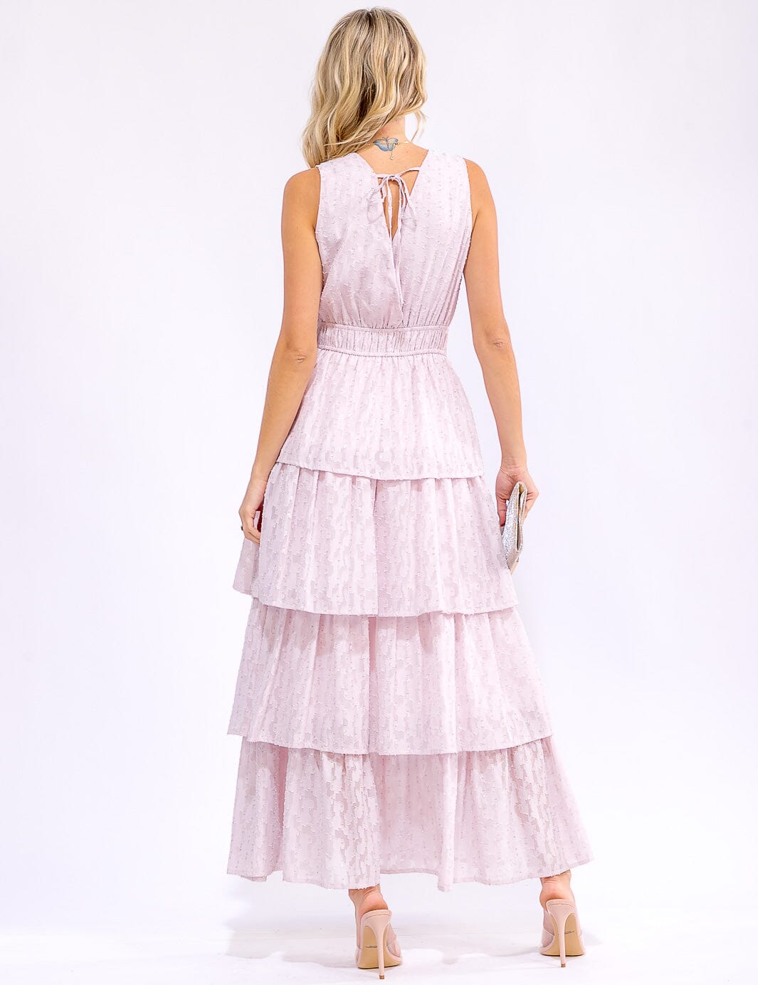 WOMEN'S SLEEVELESS SURPLICE ELASTIC WAIST RUFFLE TIERED MAXI DRESS