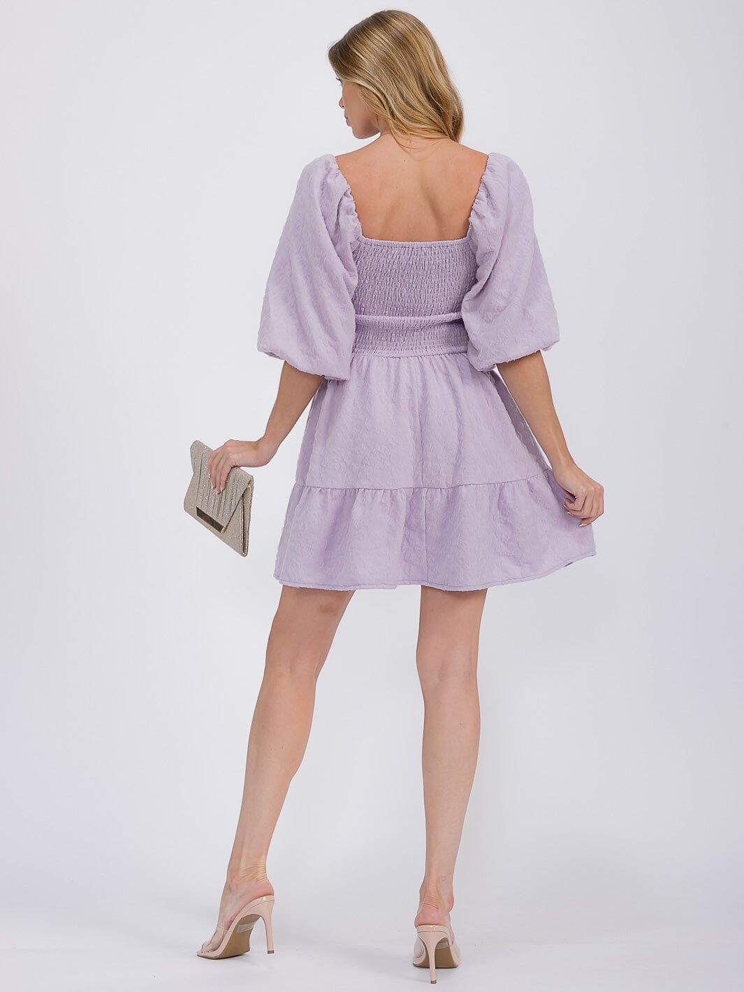 WOMEN'S SHORT PUFF SLEEVE SQUARE NECK SMOCK DETAILED TIERED MINI DRESS