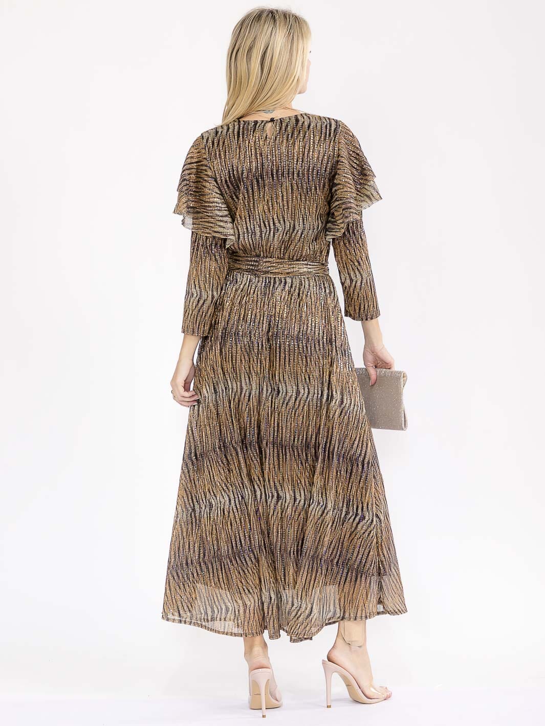 WOMEN'S 3/4 RUFFLE SLEEVE SELF TIE SEQUINS ANIMAL PRINT MAXI DRESS
