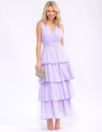 WOMEN'S SLEEVELESS SURPLICE ELASTIC WAIST RUFFLE TIERED MAXI DRESS