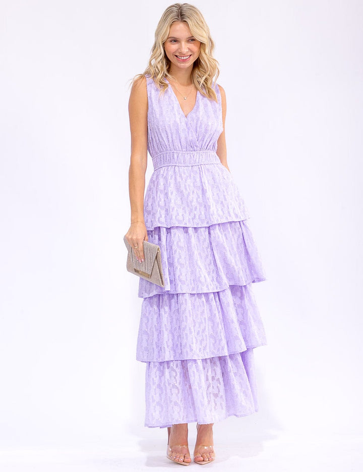 WOMEN'S SLEEVELESS SURPLICE ELASTIC WAIST RUFFLE TIERED MAXI DRESS
