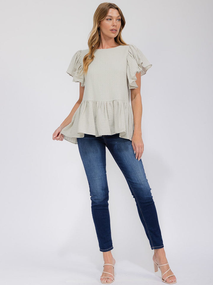 WOMEN'S SHORT SLEEVE RUFFLE PEPLUM BLOUSE