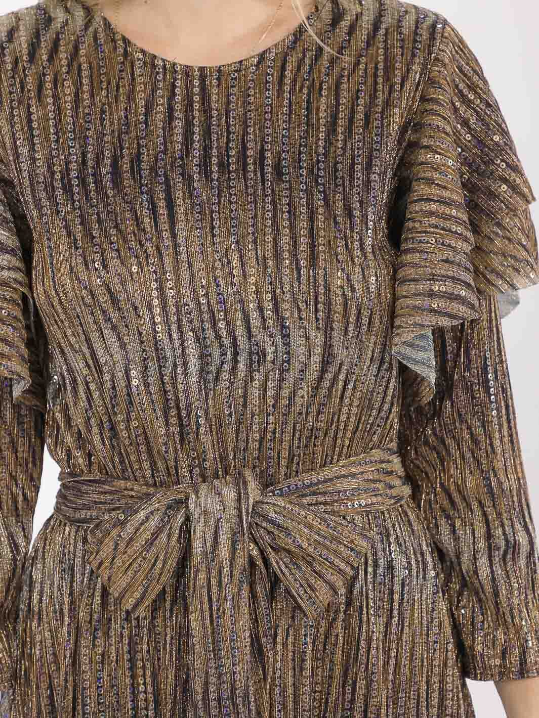 WOMEN'S 3/4 RUFFLE SLEEVE SELF TIE SEQUINS ANIMAL PRINT MAXI DRESS