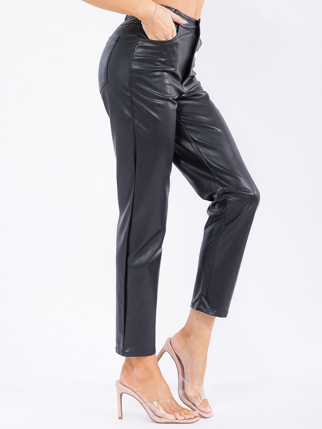 WOMEN'S BUTTON CLOSURE POCKETS PU PLEATHER SKINNY PANTS
