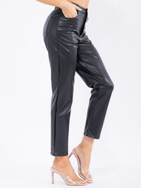 WOMEN'S BUTTON CLOSURE POCKETS PU PLEATHER SKINNY PANTS