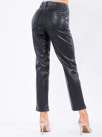 WOMEN'S BUTTON CLOSURE POCKETS PU PLEATHER SKINNY PANTS