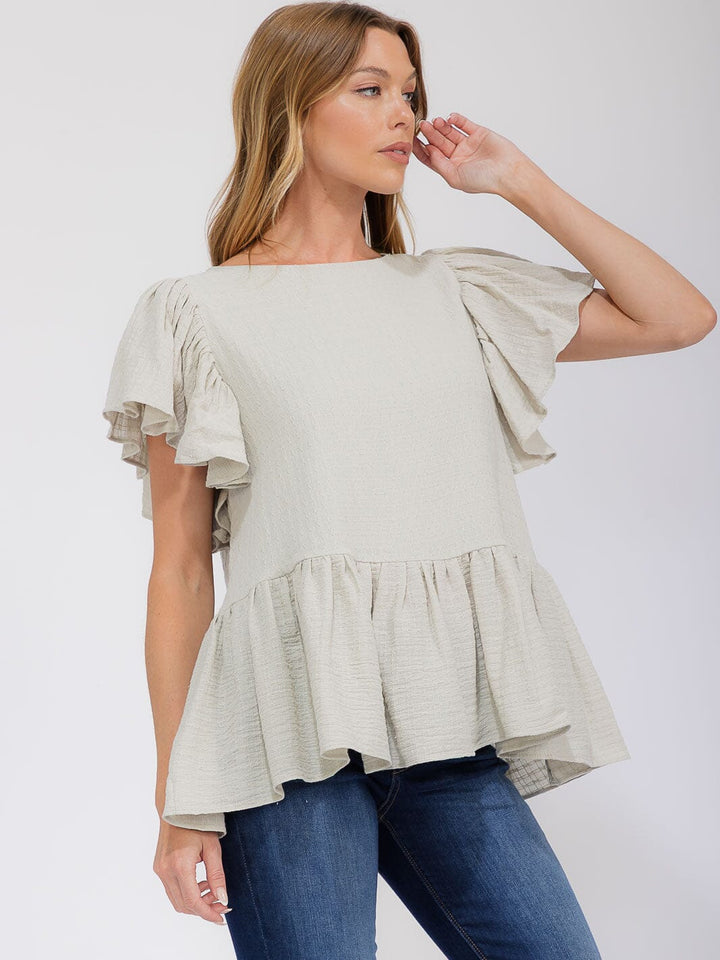 WOMEN'S SHORT SLEEVE RUFFLE PEPLUM BLOUSE