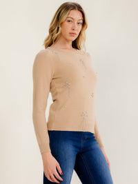 WOMEN'S LONG SLEEVE RHINESTONE DETAILED PULLOVER SWEATER