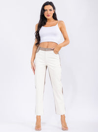 WOMEN'S BUTTON CLOSURE POCKETS COLORBLOCK PU PLEATHER SKINNY PANTS