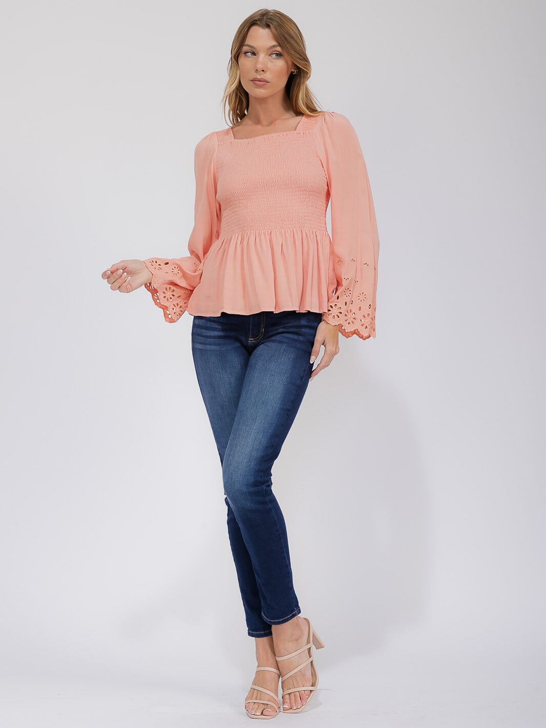 WOMEN'S LONG EYELET SLEEVE SQUARE NECK SMOCK PEPLUM BLOUSE