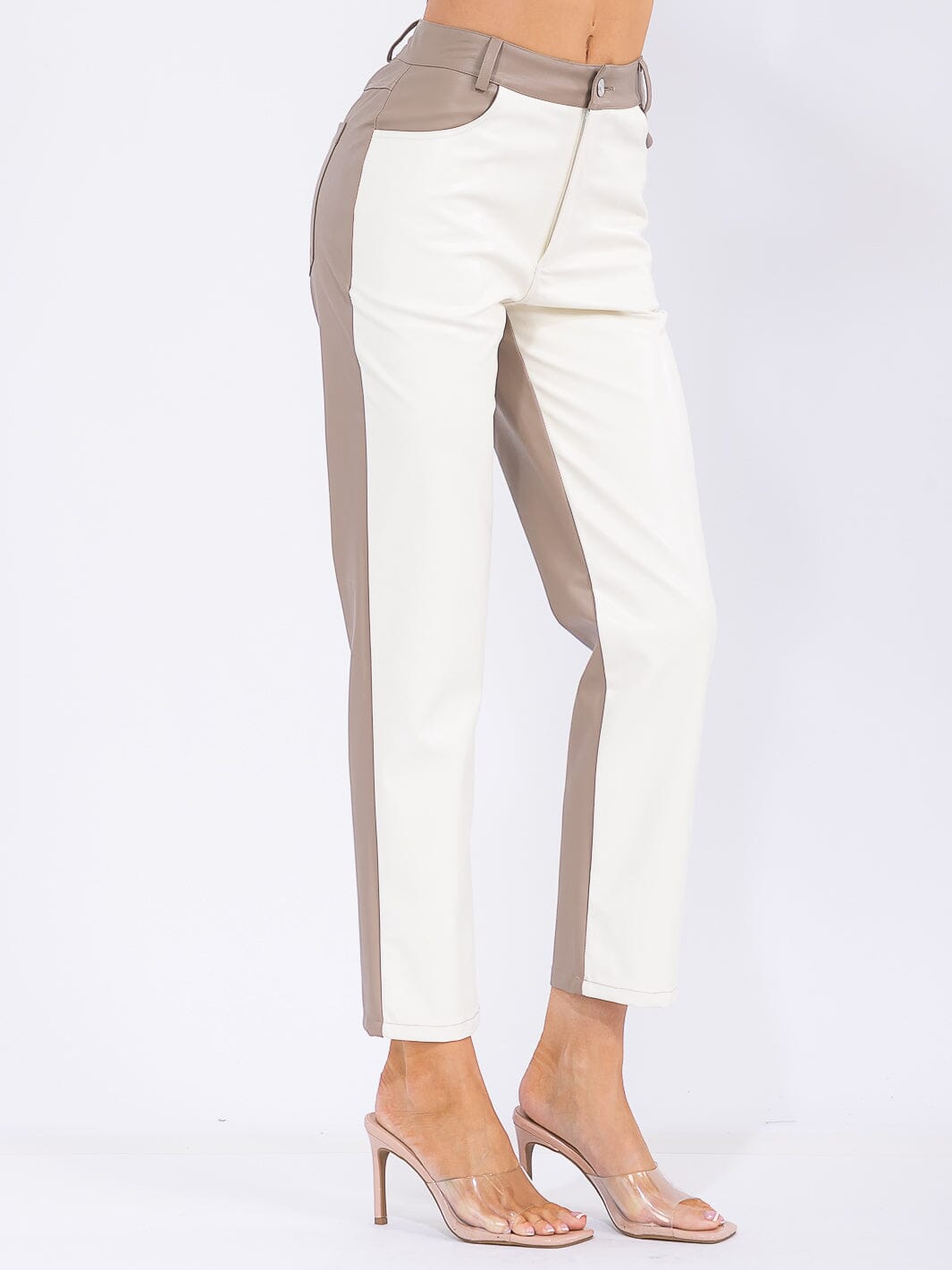 WOMEN'S BUTTON CLOSURE POCKETS COLORBLOCK PU PLEATHER SKINNY PANTS