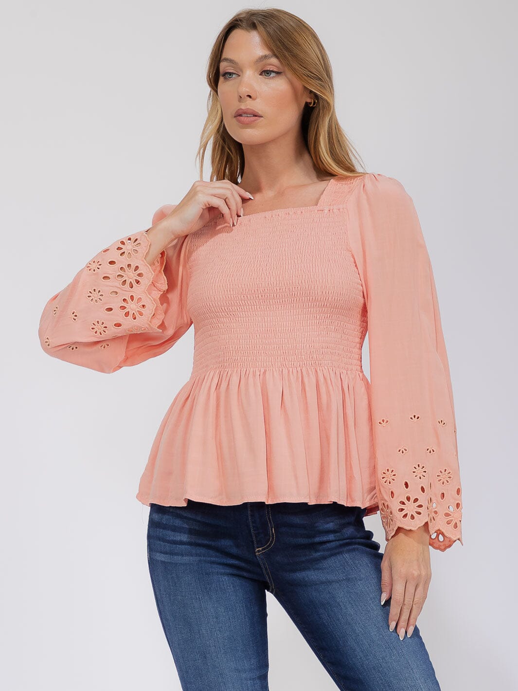WOMEN'S LONG EYELET SLEEVE SQUARE NECK SMOCK PEPLUM BLOUSE