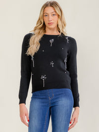 WOMEN'S LONG SLEEVE RHINESTONE DETAILED PULLOVER SWEATER