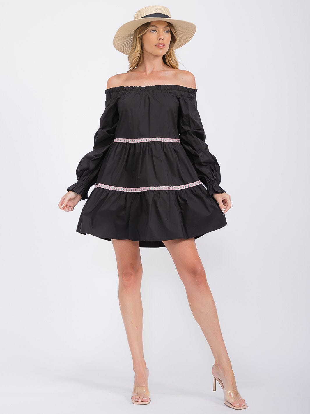 WOMEN'S LONG SLEEVE OFF SHOULDER TRIM DETAILED TIERED MINI DRESS