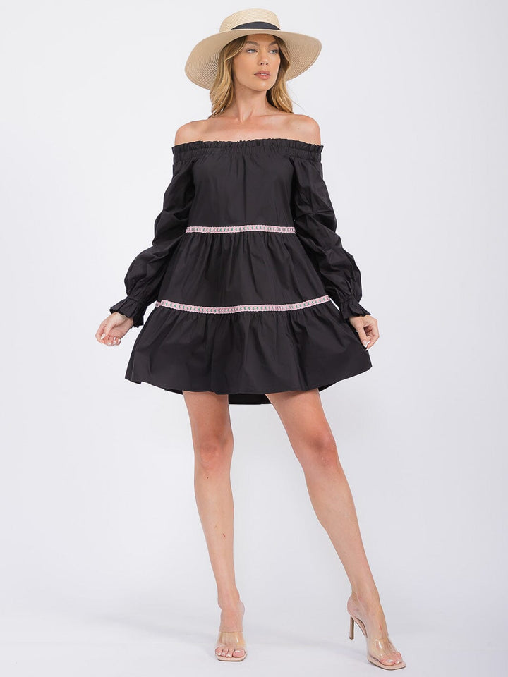 WOMEN'S LONG SLEEVE OFF SHOULDER TRIM DETAILED TIERED MINI DRESS