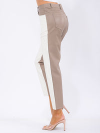 WOMEN'S BUTTON CLOSURE POCKETS COLORBLOCK PU PLEATHER SKINNY PANTS