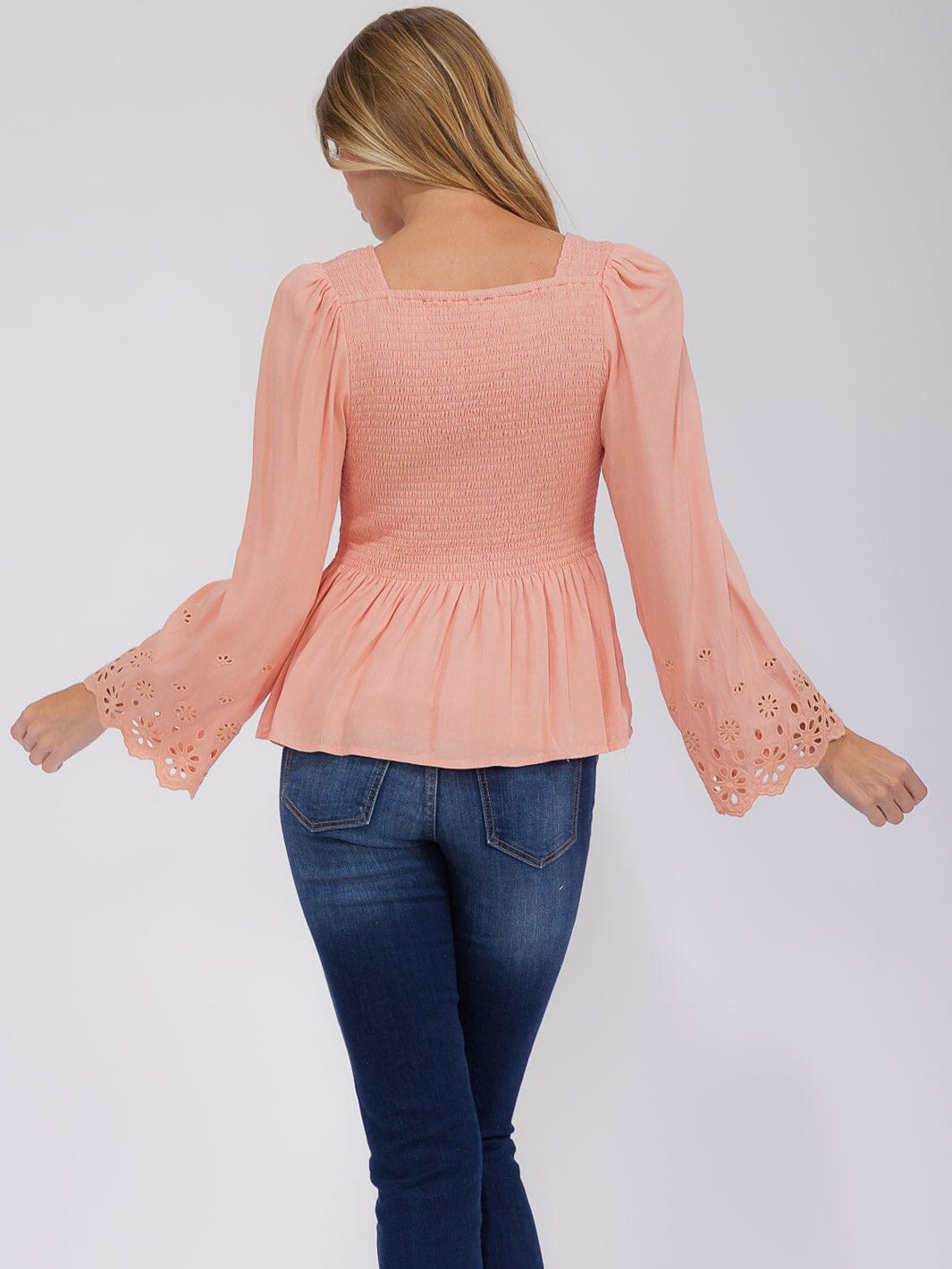 WOMEN'S LONG EYELET SLEEVE SQUARE NECK SMOCK PEPLUM BLOUSE