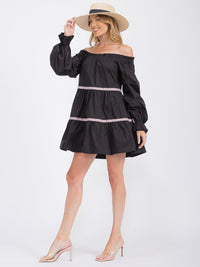 WOMEN'S LONG SLEEVE OFF SHOULDER TRIM DETAILED TIERED MINI DRESS