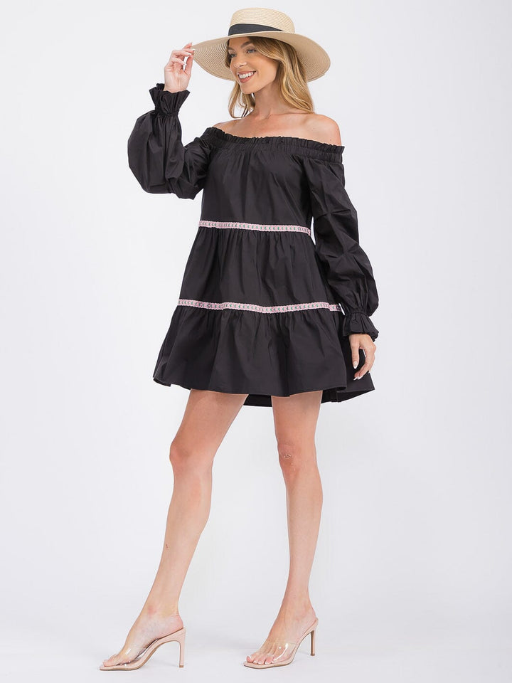 WOMEN'S LONG SLEEVE OFF SHOULDER TRIM DETAILED TIERED MINI DRESS