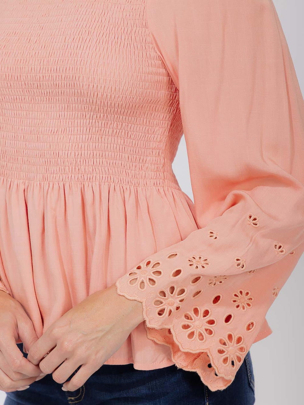 WOMEN'S LONG EYELET SLEEVE SQUARE NECK SMOCK PEPLUM BLOUSE