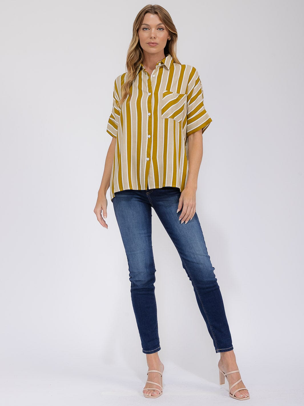 WOMEN'S SHORT SLEEVE FRONT POCKET BUTTON UP COLORBLOCK STRIPES BLOUSE