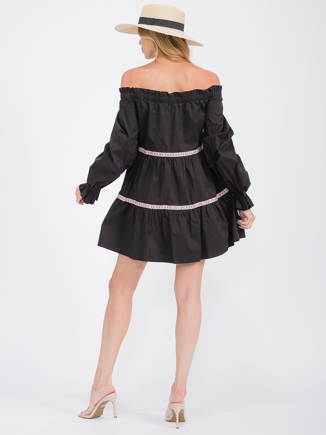 WOMEN'S LONG SLEEVE OFF SHOULDER TRIM DETAILED TIERED MINI DRESS