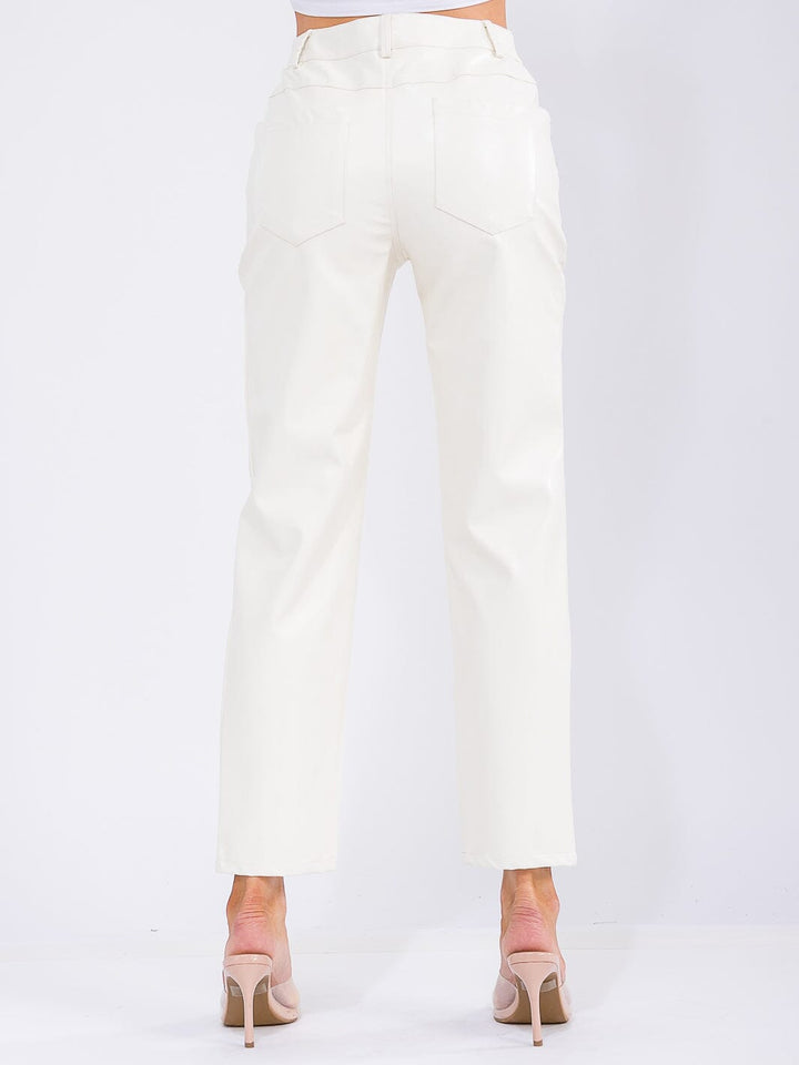 WOMEN'S BUTTON CLOSURE POCKETS PU PLEATHER SKINNY PANTS
