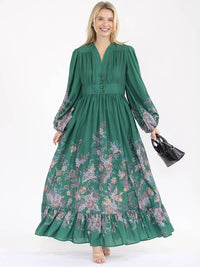 WOMEN'S LONG BALLOON SLEEVE V-NECK BUTTON UP FLORAL MAXI DRESS