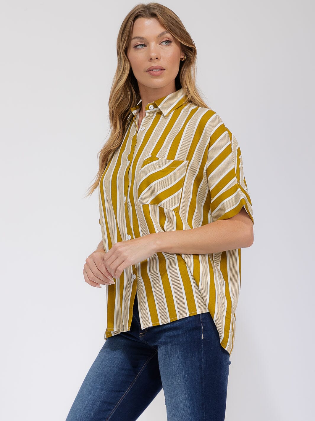 WOMEN'S SHORT SLEEVE FRONT POCKET BUTTON UP COLORBLOCK STRIPES BLOUSE