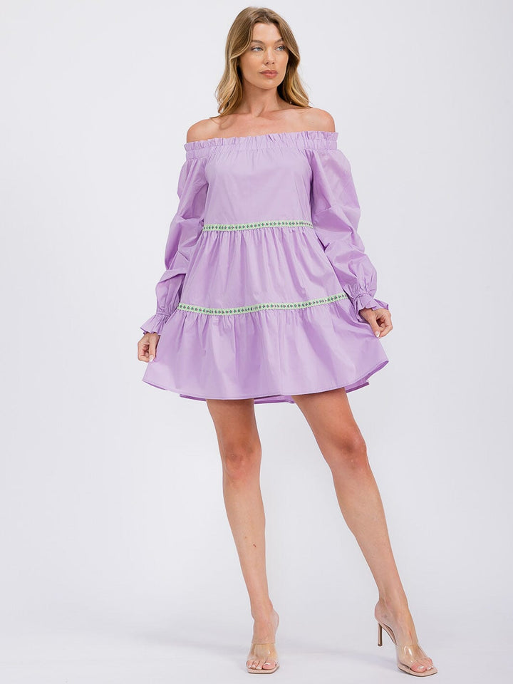 WOMEN'S LONG SLEEVE OFF SHOULDER TRIM DETAILED TIERED MINI DRESS