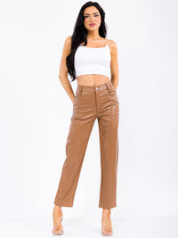WOMEN'S BUTTON CLOSURE POCKETS PU PLEATHER SKINNY PANTS