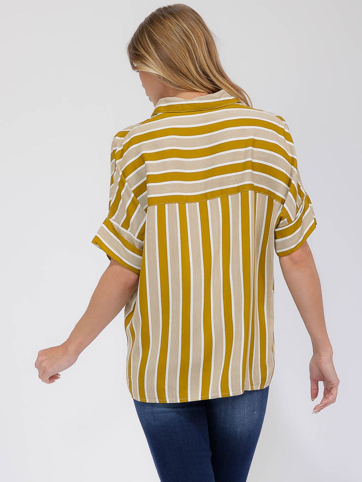 WOMEN'S SHORT SLEEVE FRONT POCKET BUTTON UP COLORBLOCK STRIPES BLOUSE