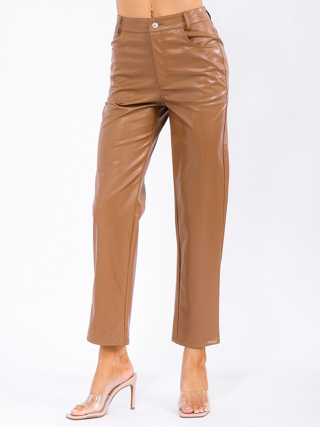 WOMEN'S BUTTON CLOSURE POCKETS PU PLEATHER SKINNY PANTS