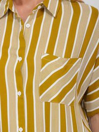 WOMEN'S SHORT SLEEVE FRONT POCKET BUTTON UP COLORBLOCK STRIPES BLOUSE