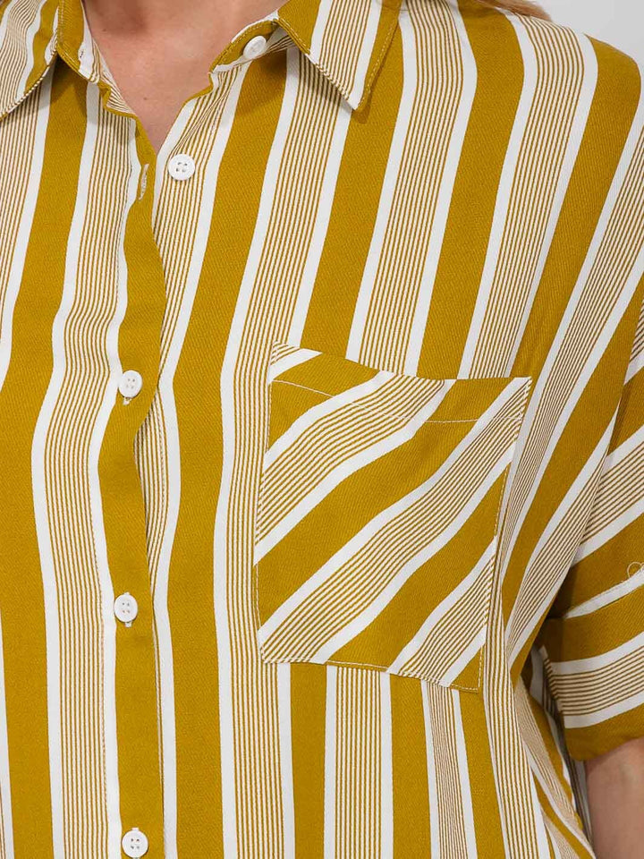 WOMEN'S SHORT SLEEVE FRONT POCKET BUTTON UP COLORBLOCK STRIPES BLOUSE