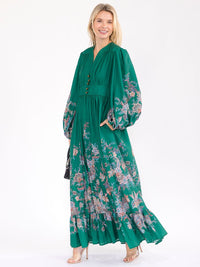 WOMEN'S LONG BALLOON SLEEVE V-NECK BUTTON UP FLORAL MAXI DRESS