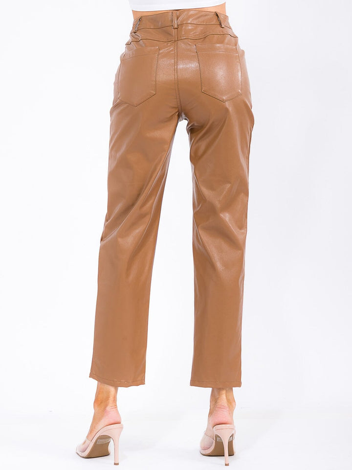 WOMEN'S BUTTON CLOSURE POCKETS PU PLEATHER SKINNY PANTS
