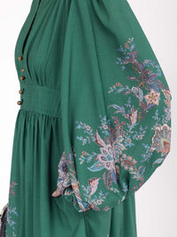 WOMEN'S LONG BALLOON SLEEVE V-NECK BUTTON UP FLORAL MAXI DRESS