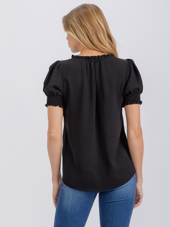 WOMEN'S SHORT PUFF SLEEVE V-NECK BLOUSE