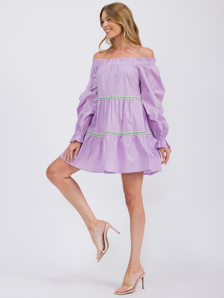 WOMEN'S LONG SLEEVE OFF SHOULDER TRIM DETAILED TIERED MINI DRESS