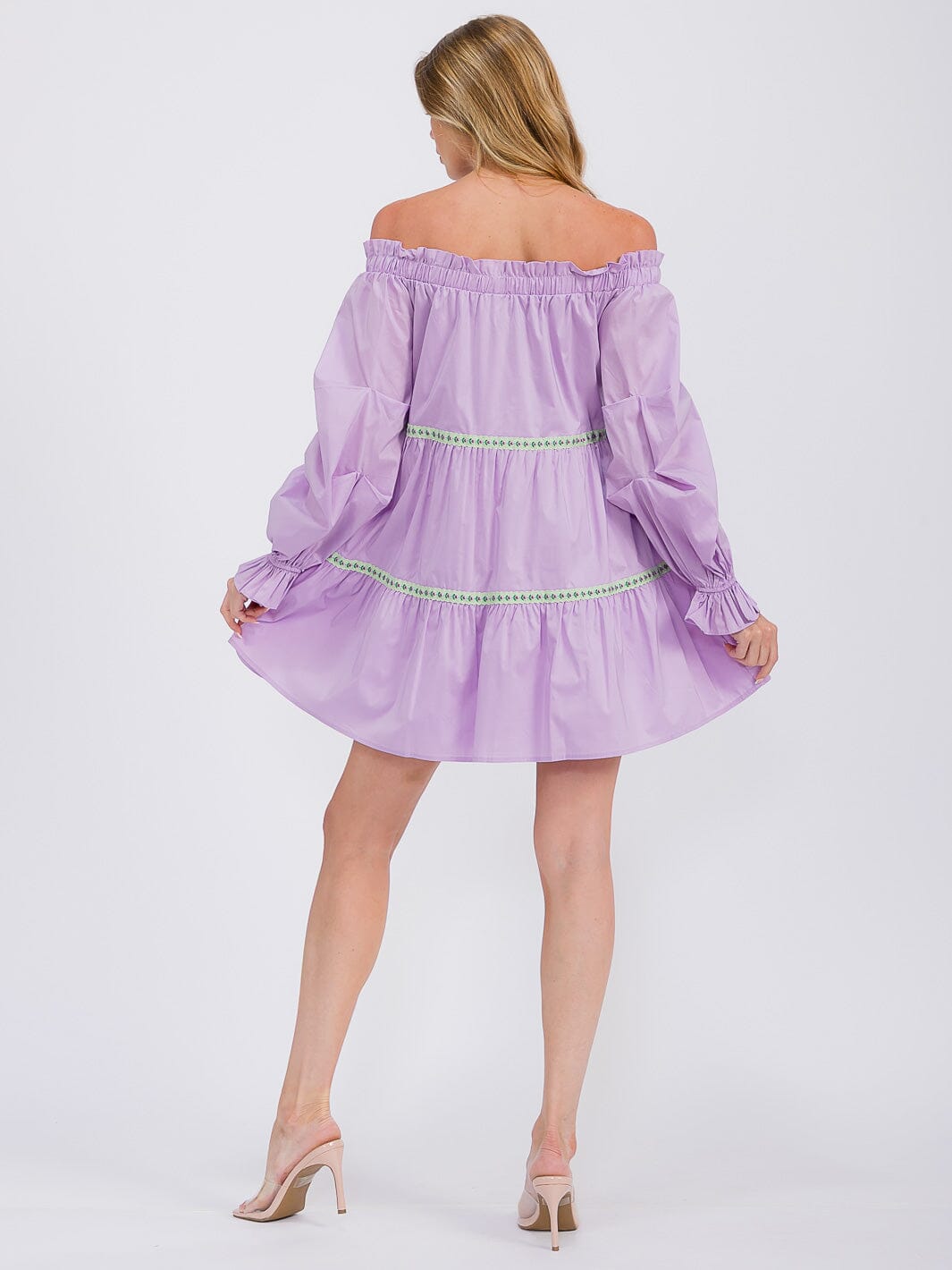 WOMEN'S LONG SLEEVE OFF SHOULDER TRIM DETAILED TIERED MINI DRESS